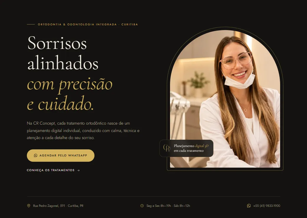 Abertura do site CR Concept com o título “Sorrisos alinhados com precisão e cuidado.”